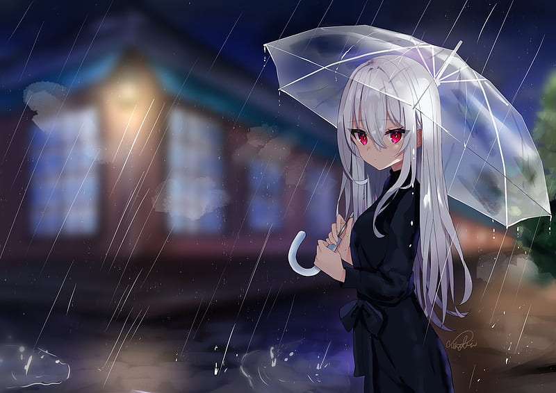 Anime, Original, Long Hair, rain, Red Eyes, Umbrella, White Hair, HD wallpaper