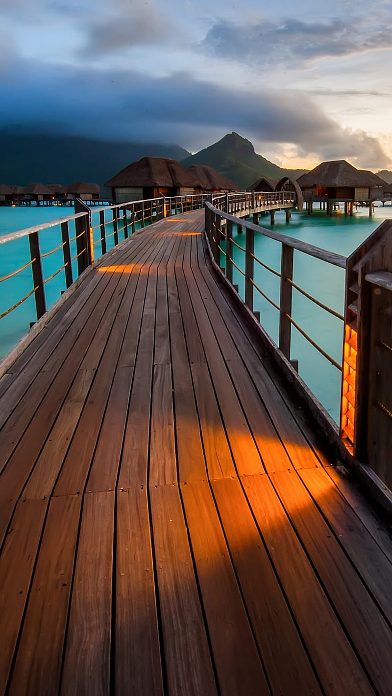 Bora Bora resort, bora, evening, resort, walkway, water, wood, HD phone wallpaper