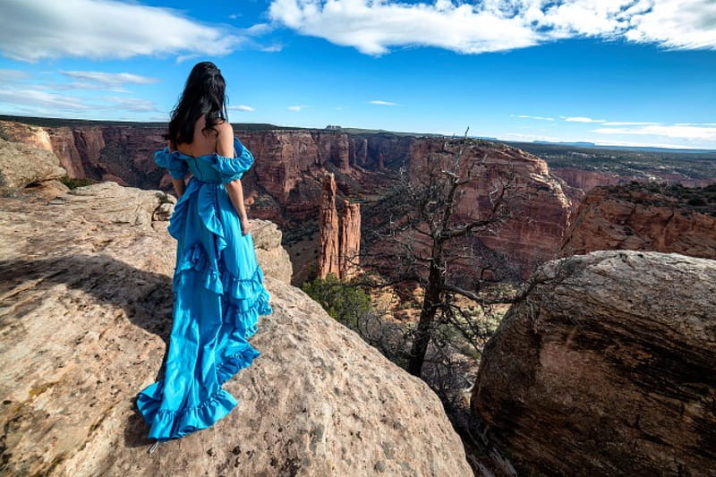 Flamenco Dress, rocks, flamenco, dress, woman, blue, HD wallpaper