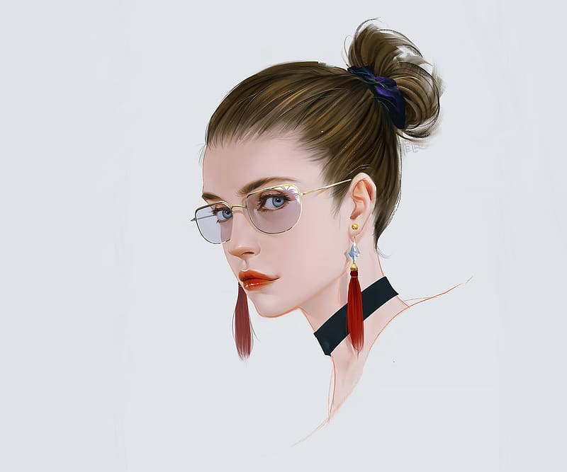 Girl, peter xiao, red, face, glasses, woman, white, earrings, fantasy, portrait, HD wallpaper