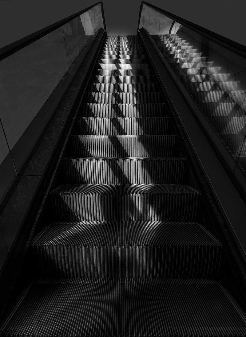 escalator, stairs, bw, gray, HD phone wallpaper