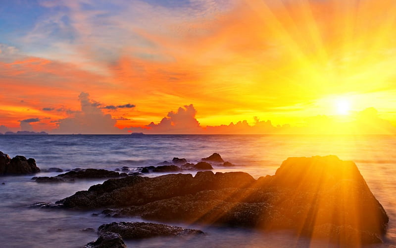 Blinding sunrise, beach, rocks, sun, bright, sunrise, clouds, sea, HD  wallpaper | Peakpx
