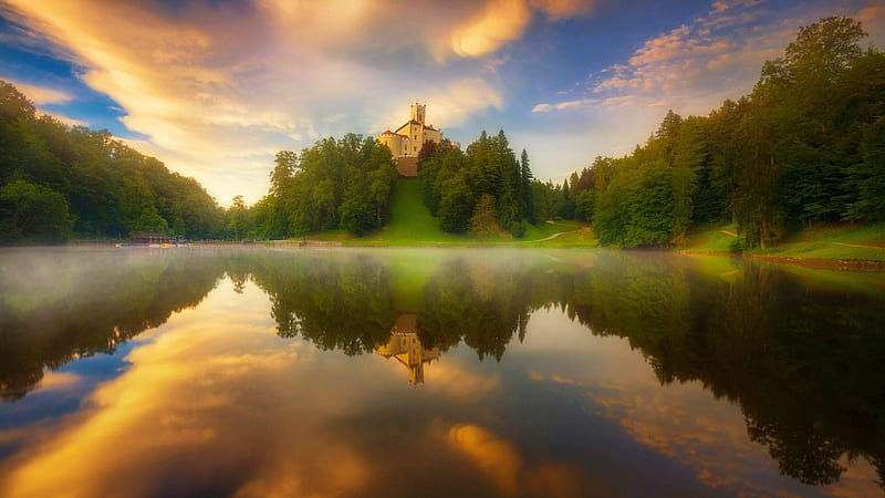 Castle at a Lake in Croatia, sunrise, mist, morning, trees, building, clouds, landscape, sky, HD wallpaper