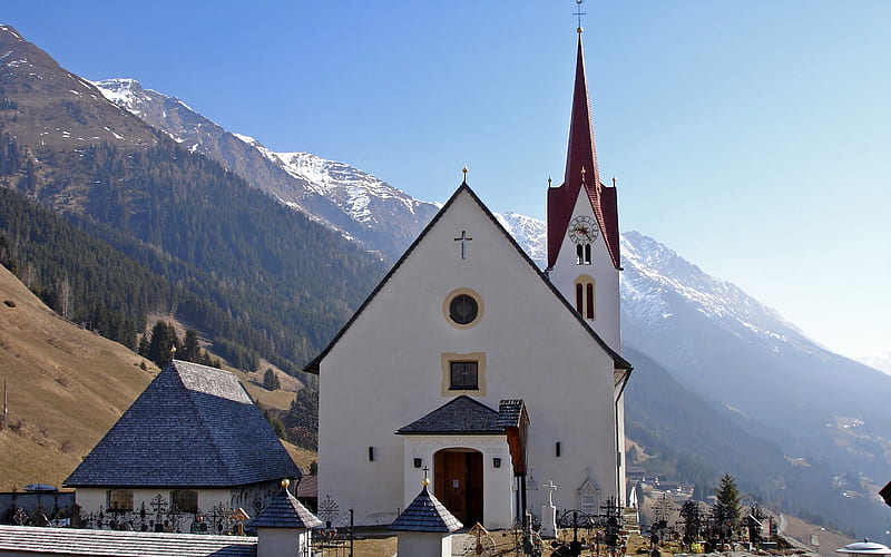 Church in East Tyrol, Austria, Austria, church, landscape, mountains, clock, HD wallpaper