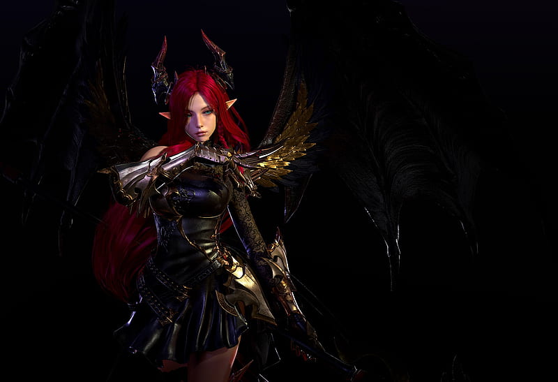 Demoness, girl, bat, jaeyoung jeong, frumusete, wings, luminos, redhead, horns, succubus, fantasy, demon, HD wallpaper