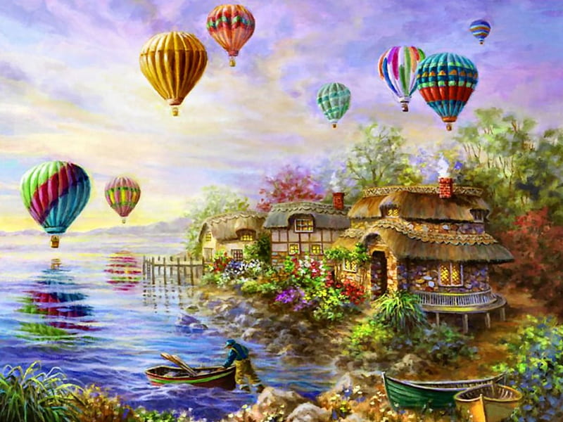 Air Balloons Over Lake 1, art, flight, artwork, balloons, painting, wide screen, scenery, aviation, landscape, HD wallpaper