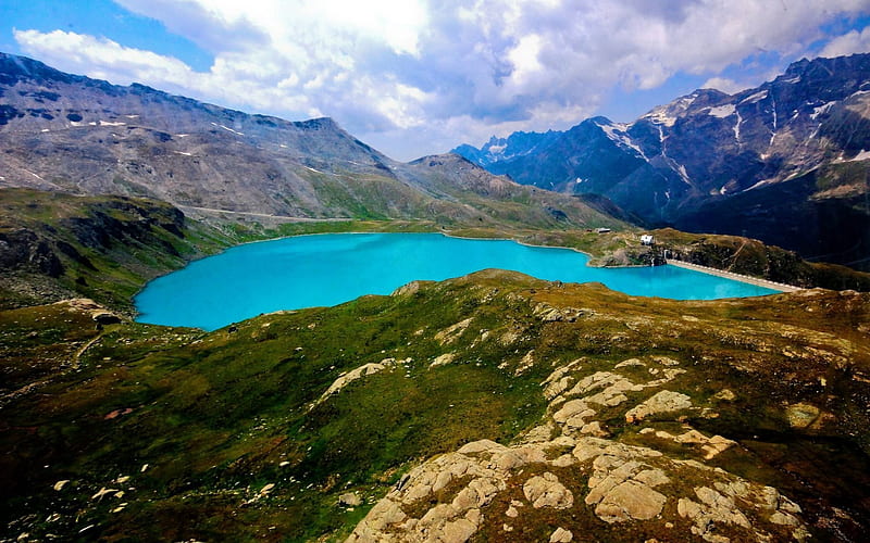 dam, mountains, blue lake, mountain lake, HD wallpaper