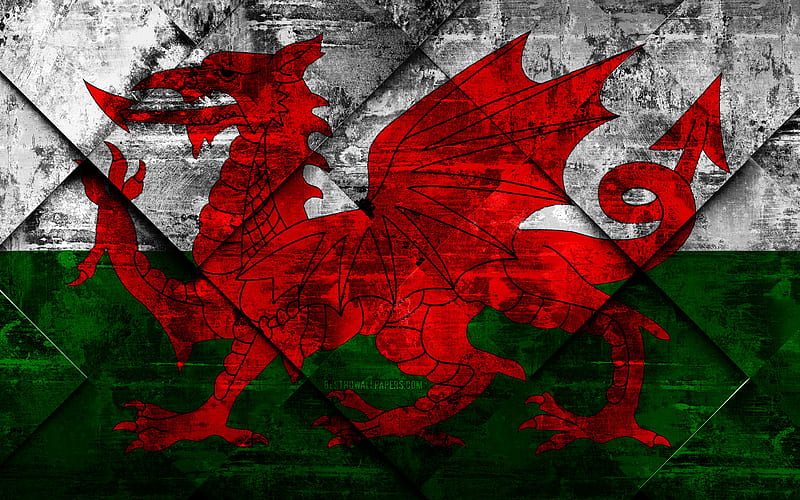 Flag of Wales, grunge art, rhombus grunge texture, Wales flag, Europe, national symbols, Wales, creative art, HD wallpaper