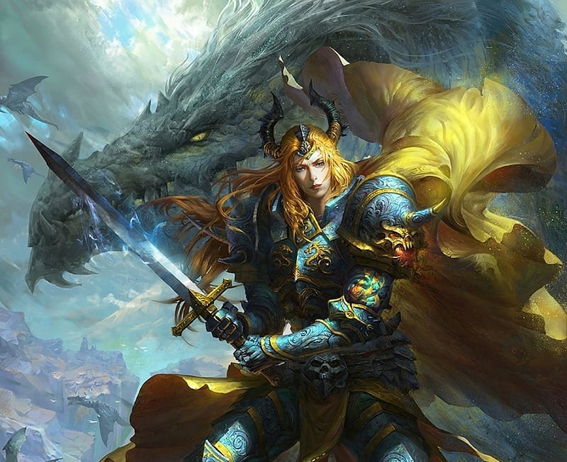 Warrior, art, luminos, yellow, gjschoolart, man, dragon, armor, fantasy, blue, sword, HD wallpaper