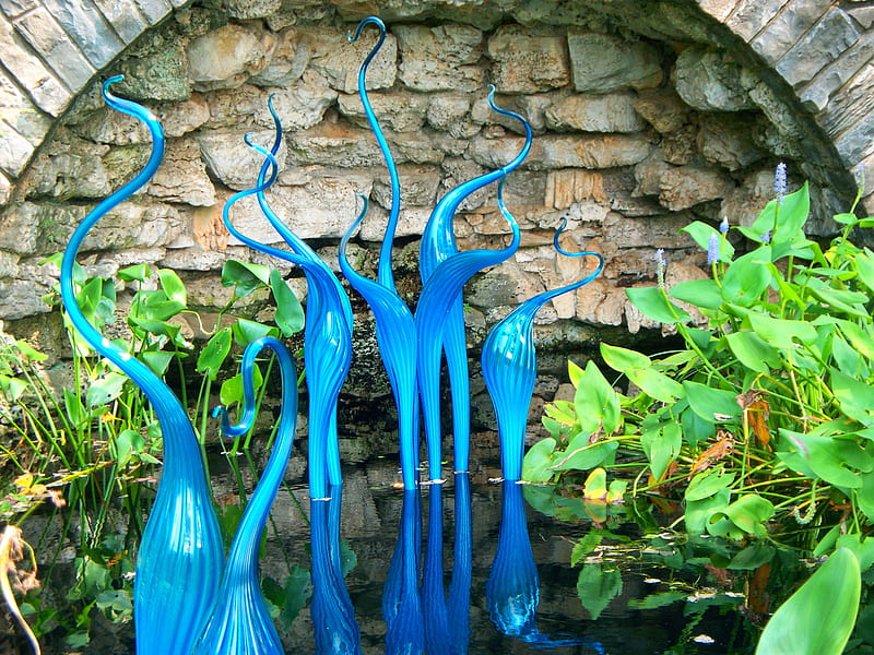 Glass Swans, glass, art, water, plants, blue, HD wallpaper