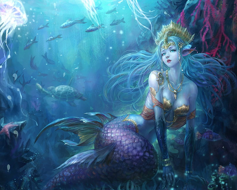 Mermaid, underwater, luminos, fish, sirena, sea, fantasy, girl, kim hyunjun, summer, pink, blue, HD wallpaper