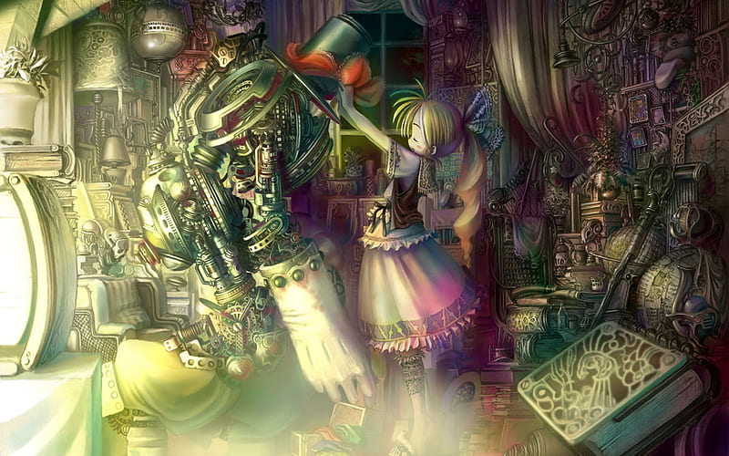 Playmate, lavender, robot, girl, mist, HD wallpaper