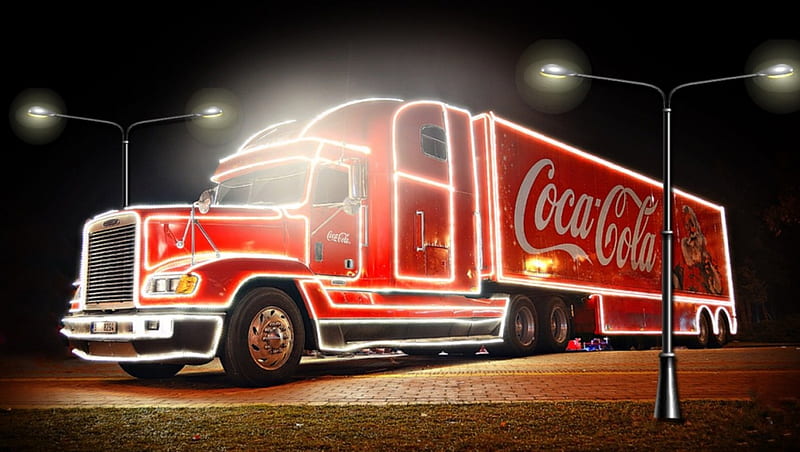 Coca Cola Lighted Truck, graph, Red, christmas, Truck, coca cola, lights, winter holiday, night, HD wallpaper