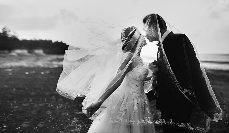 grayscale shot of bride and groom, HD wallpaper