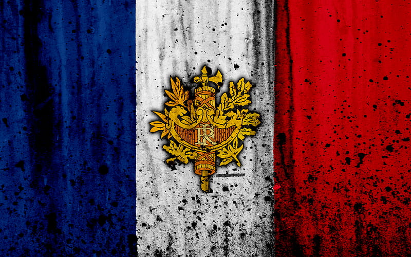French flag, 4к, grunge, flag of France, Europe, national symbols, France, coat of arms of France, French coat of arms, HD wallpaper