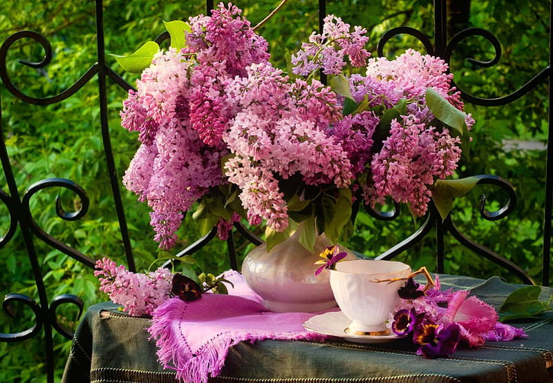 Still life, lilac, pretty, home, vase, bonito, fragrance, tea, leaves, lovely, scent, spring, yard, bouquet, coffee, summer, garden, nature, HD wallpaper