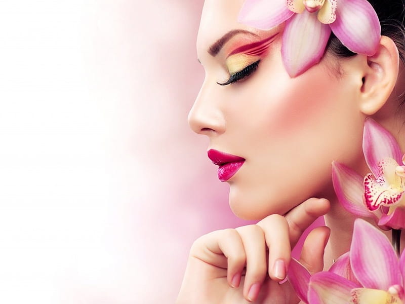 Beauty, pink, orchid, model, girl, flower, face, anna subbotina, HD wallpaper