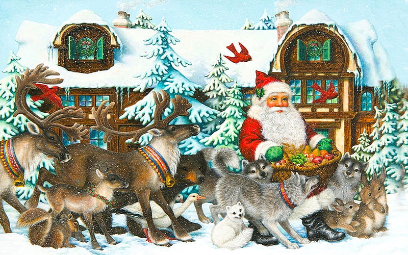 Santa’s Reindeer and Furry Friends, house, christmas, holiday, Santa Claus, winter, painting, Snow, reindeer, animals, HD wallpaper