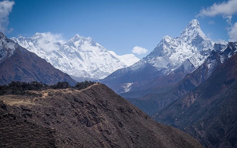 From left to right - Mount Everest in some fluffy clouds, Lhotse and Ama Dablam, Nepal, himalaya, rocks, trees, plants, asia, peaks, HD wallpaper