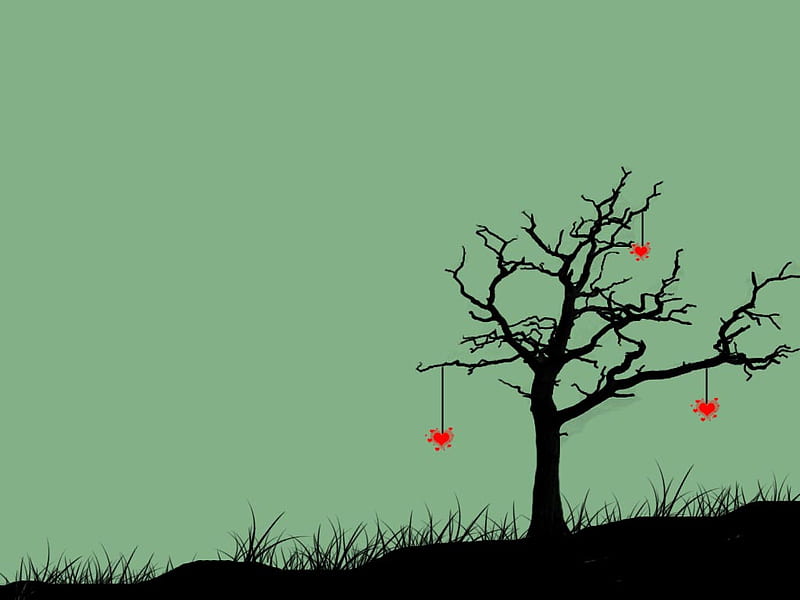 Tree with Red Hearts, green, hanging, corazones, sky, hill, HD wallpaper