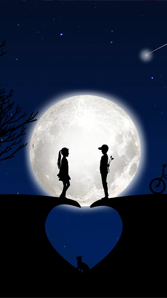 Children, silhouettes, love, moon, romance, HD phone wallpaper | Peakpx