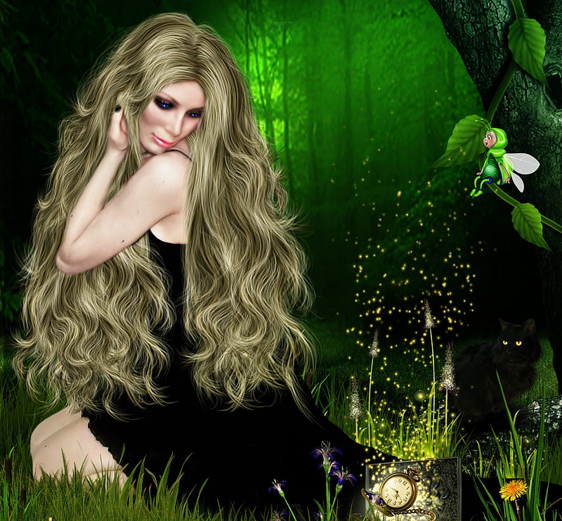 ~The Magic Watch~, pretty, dress, grass, premade BG, bonito, magic, digital art, women, sparkle, hair, leaves, fantasy, watch, manipulation, flowers, insects, animals, night, female, lovely, model, colors, love four seasons, creative pre-made, trees, cool, girl, black cat, dark, weird things people wear, HD wallpaper