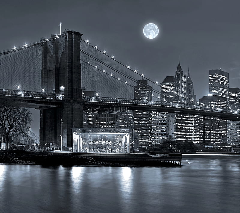 Downtown, bridge, brooklyn, city, manhattan, moon, new york, nyc, HD wallpaper