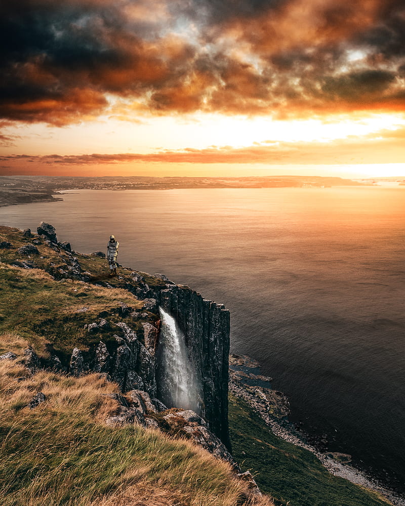 sea, cliff, waterfall, sunset, landscape, HD phone wallpaper
