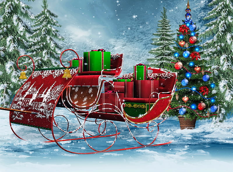 Christmas sleigh, sleigh, christmas, decoration, new year, winter, cold, tree, snow, snowflakes, snowfall, ice, presents, gifts, frost, HD wallpaper