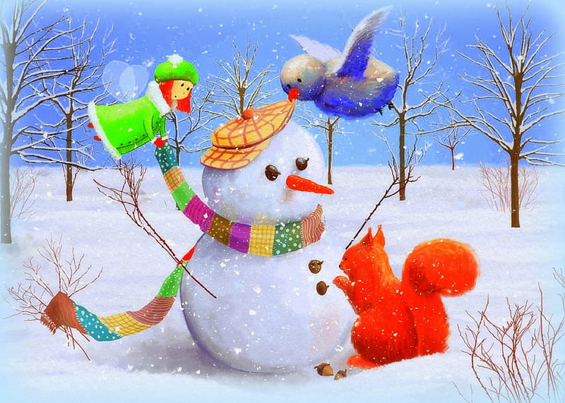 ✰Let's Dress Up the Snowman✰, scarves, squirrel, digital art, xmas and new year, greetings, paintings, illustrations, dress up, drawings, fairy, lovely, storybook, s, christmas, love four seasons, creative pre-made, blessings, snowman, dry trees, cute, bird, snow, winter holidays, nature, celebrations, HD wallpaper