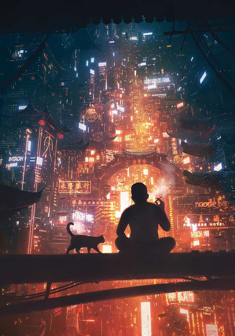 daniel liang, China, city, cyberpunk, cigarettes, cats, Asian architecture, HD phone wallpaper