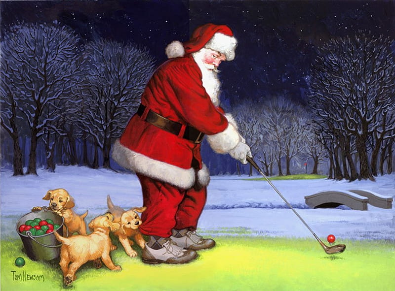 By Tom Newsom, art, santa, christmas, holiday, golf, tom newsom, new year, dog, HD wallpaper