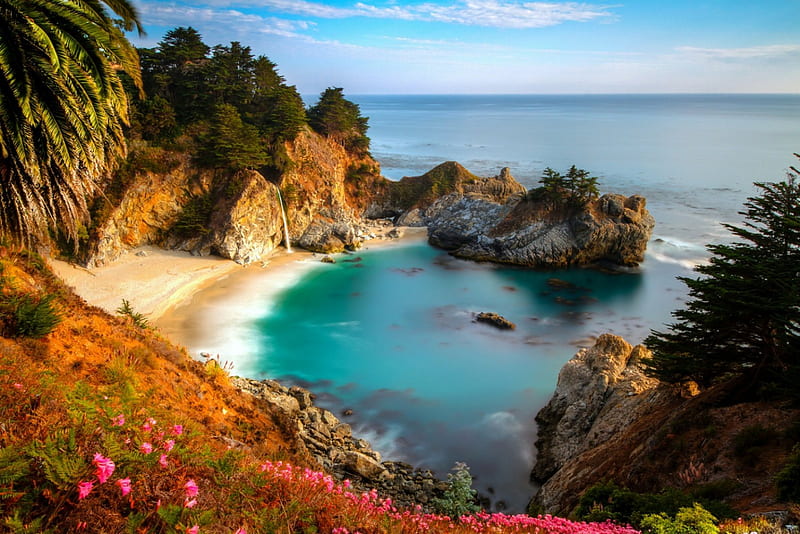 Welcome to paradise, rocks, pretty, shore, falling, welcome, bonito, sea, beach, mountain, nice, stones, waterfall, flowers, blue, falls, lovely, view, ocean, emerald, sky, lake, waters, paradise, summer, McWay falls, nature, bay, HD wallpaper