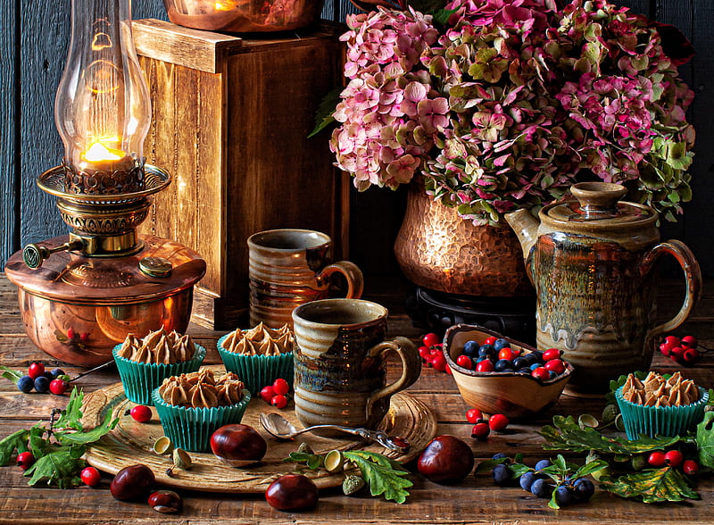 graphy, Still Life, Berry, Dessert, Flower, Hydrangea, Kerosene Lamp, HD wallpaper