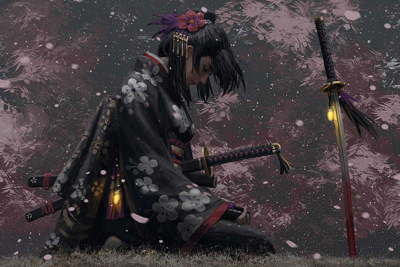 fantasy asian girl, samurai, uniform, sakura blossom, katana, Fantasy, HD wallpaper