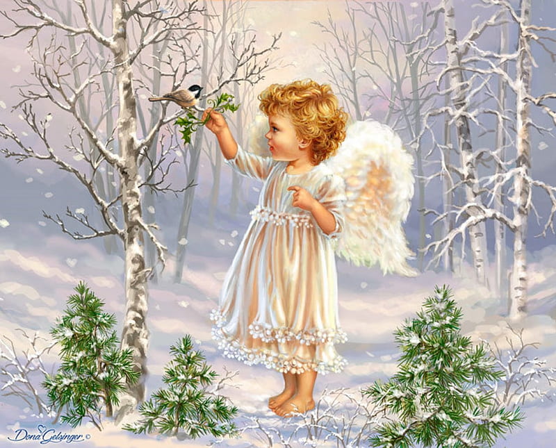 ★Little Angel★, pretty, Christmas, bonito, angels, xmas and new year, paintings, heaven, little angel, wings, lovely, colors, love four seasons, birds, creative pre-made, trees, winter, snow, weird things people wear, nature, HD wallpaper