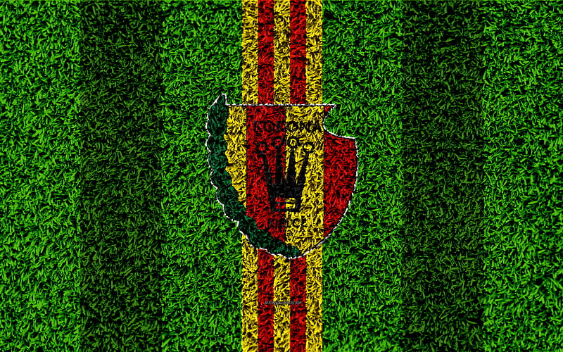 Korona Kielce logo, football lawn, Polish football club, green grass texture, red yellow lines, Ekstraklasa, Kielce, Poland, football, art, HD wallpaper