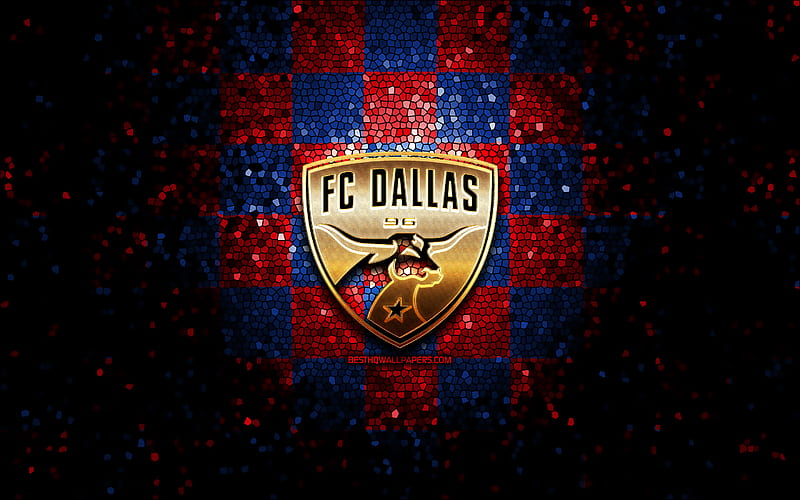 Dallas FC, glitter logo, MLS, blue red checkered background, USA, american soccer team, FC Dallas, Major League Soccer, FC Dallas logo, mosaic art, soccer, football, America, HD wallpaper
