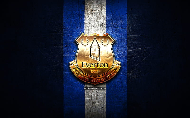 Everton FC, golden logo, Premier League, blue metal background, football, Everton, english football club, Everton logo, soccer, England, HD wallpaper
