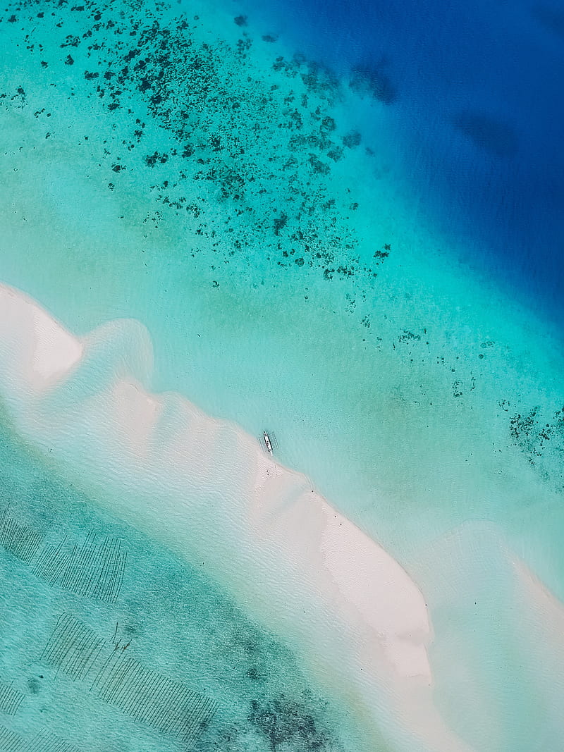 ocean, aerial view, water, tropics, sand, beach, HD phone wallpaper