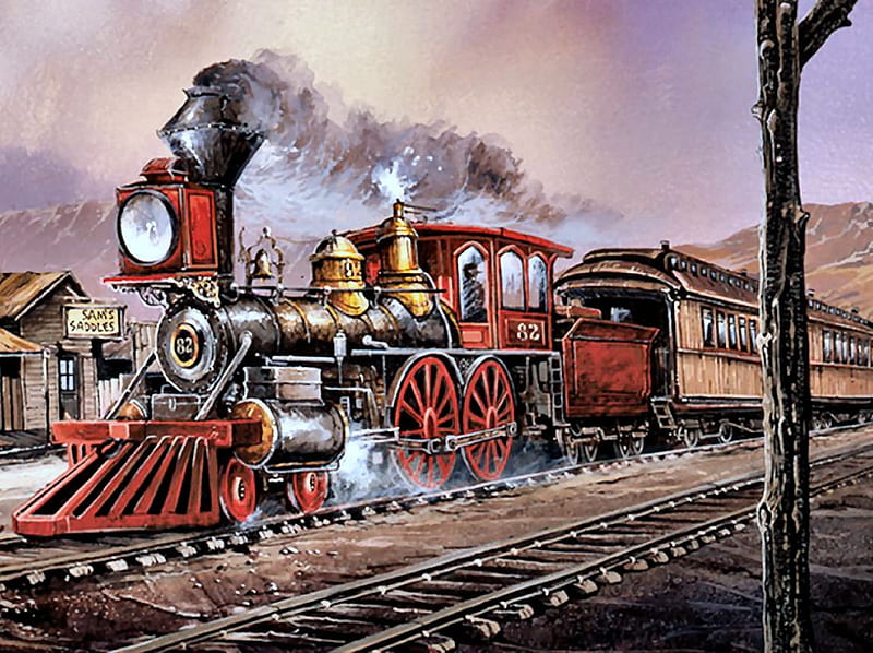 Rolling Thru - Train F1C, railroad, art, locomotive, bonito, illustration, artwork, train, engine, painting, wide screen, tracks, HD wallpaper
