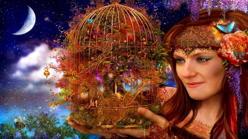 Cage magique, femme, secret, flower, cage, HD wallpaper