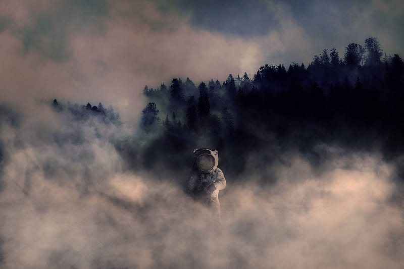 smoke, astronaut, forest, mountain, space suit, Nature, HD wallpaper