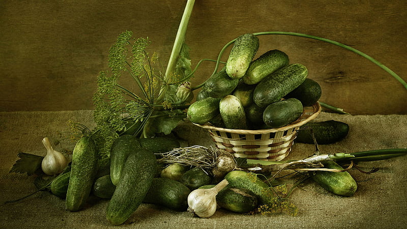 Cucumber, fruit, green, food, basket, HD wallpaper