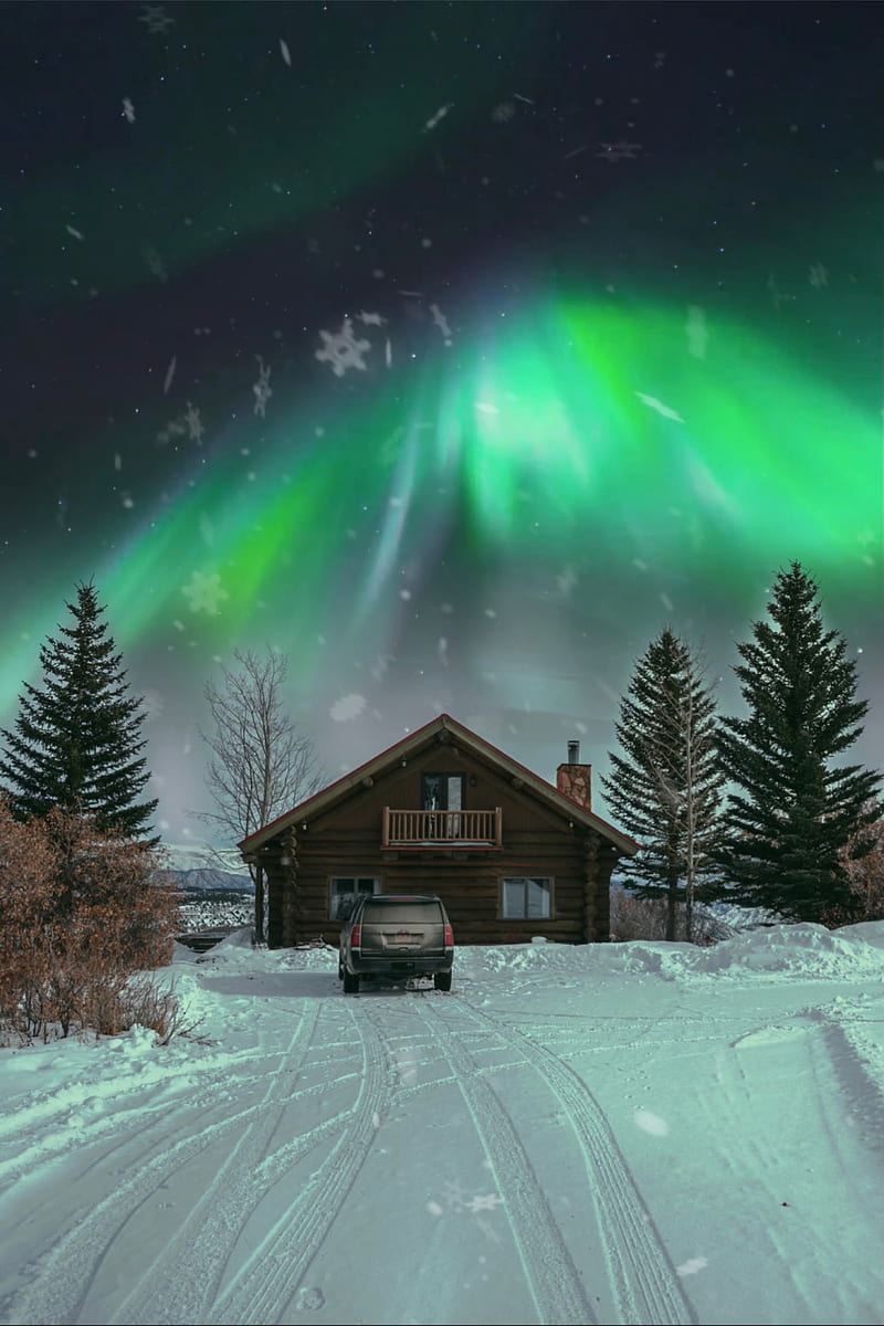 Christmas Aurora Cabin, borealis, night, snow, snowing, winter, xmas, HD phone wallpaper