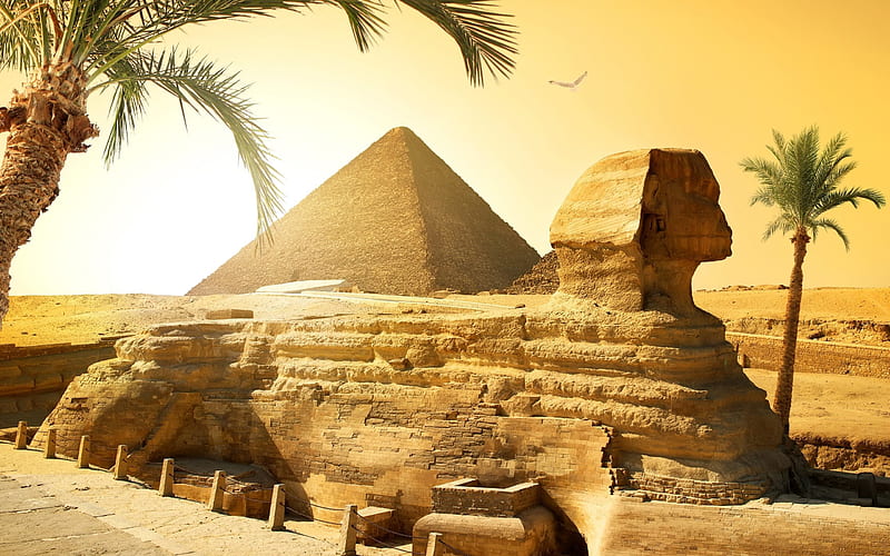 Cairo, travel, Giza, Giza Necropolis, Pyramid of Cheops, Great Sphinx, Egypt, palm trees, sand, HD wallpaper