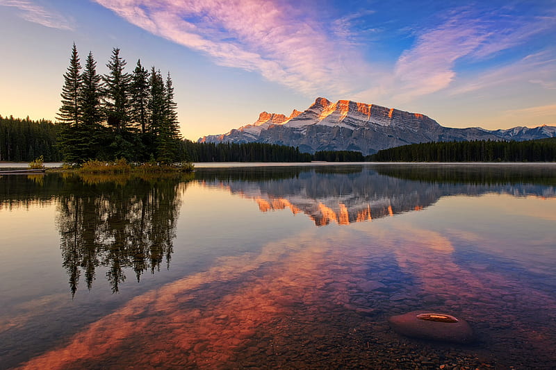Mount Rundle Reflection, mountain, reflection, trees, lake, HD wallpaper