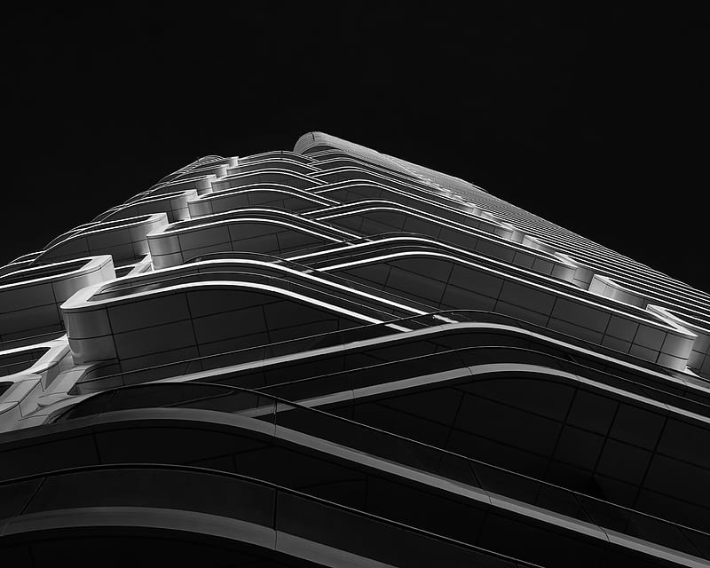 building, architecture, edges, bottom view, black and white, HD wallpaper