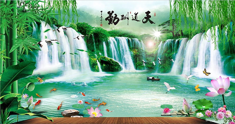 Oriental Waterfall Mural, ORIENTAL, WALL, GREEN, MURAL, WATERFALL, HD wallpaper
