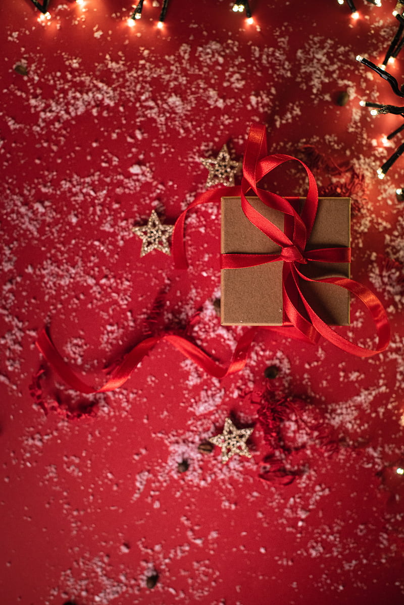 gift, box, ribbon, stars, snow, holiday, HD phone wallpaper